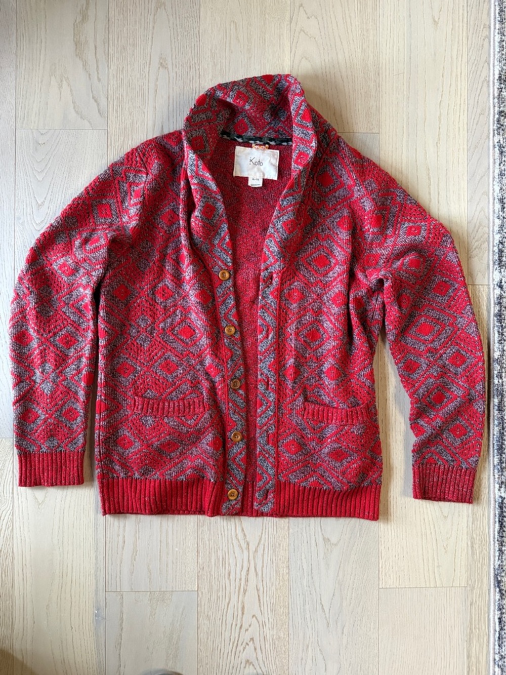 Koto Red and Gray Patterned Shawl-Collar Cardigan